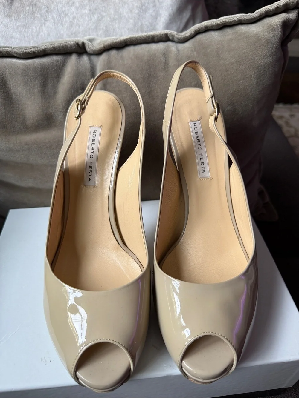 Roberto Festa Women's Beige Patent Peep-Toe Slingback Heels